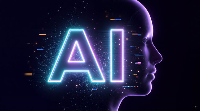 Neon AI letters with human profile silhouette, glowing digital particles and futuristic artificial intelligence concept for technology innovation on dark background