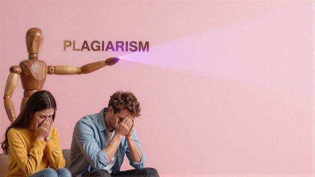 Wooden figure shines light labeled PLAGIARISM at two distressed individuals.