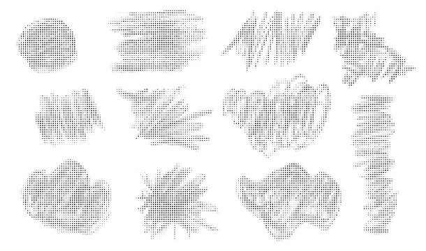 Set of halftone dot texture brushes, abstract grunge shapes, vector design elements for graphic design
