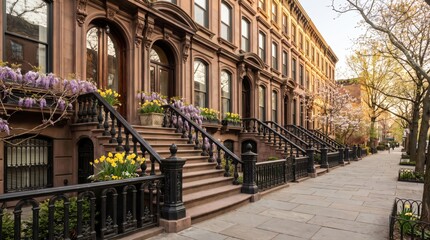 Fototapeta premium Row of brownstone stoops with wisteria and daffodils