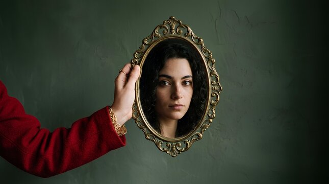 Vintage mirror held by hand reflecting a woman.
