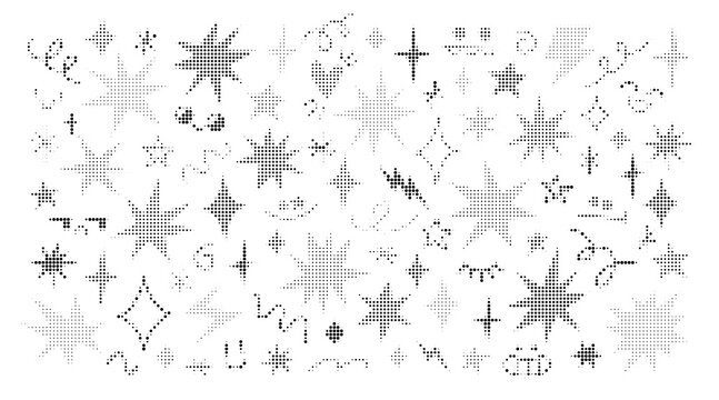 Set of halftone stars, sparkles and decorative elements