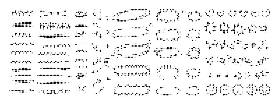 Collection of various halftone shapes, lines, dots, and geometric elements, vector design set