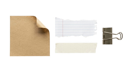 Fototapeta premium Flat lay of brown kraft paper note, torn lined paper strip, masking tape, and metal binder clip isolated on transparent background