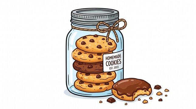 Homemade chocolate chip cookies in a glass jar