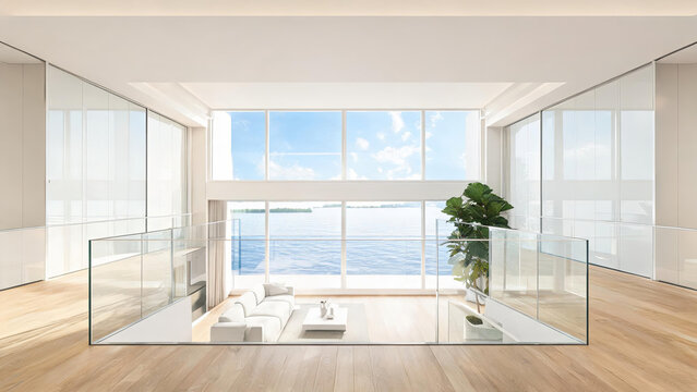 A bright modern duplex interior with large windows overlooking water, minimalist white furniture, and glass railings.