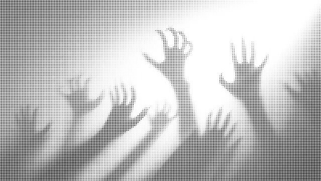 Creepy zombie hands reaching out from darkness, halftone dot pattern style