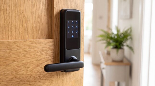 Modern electronic smart door lock with a digital keypad installed on a wooden interior door with door residential hallway keypad mounted light