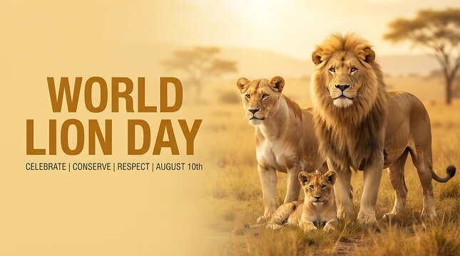 World Lion Day August 10th, Majestic Lion Family Banner, African Safari Graphics Template