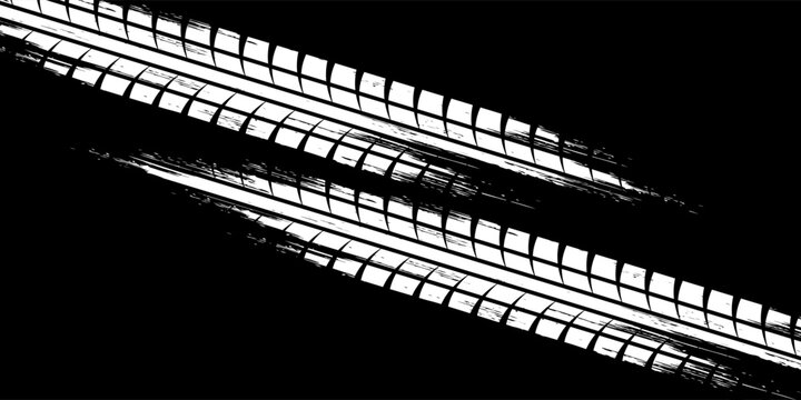 Grunge tire track, wheel braking marks. Truck, car or motorcycle tread pattern silhouette. Auto race, motorsport, speed racing design element. Vector illustration
