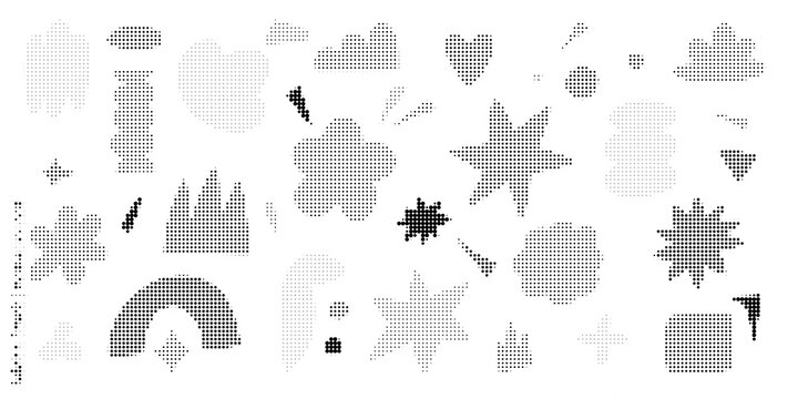 Set of various halftone shapes, abstract geometric elements, stars, clouds, and decorative design assets