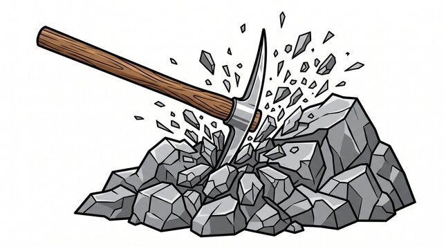 Pickaxe smashing large rock into pieces