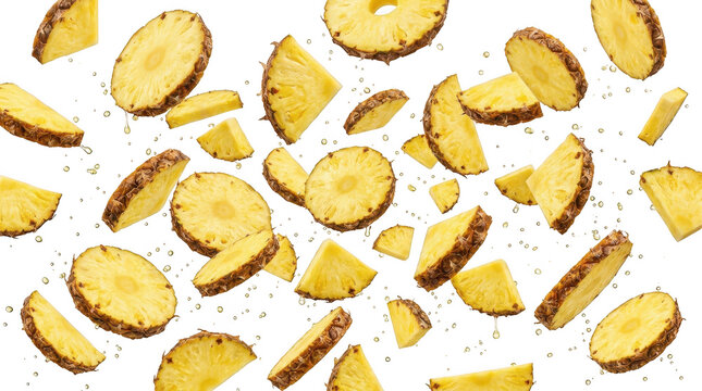 Fresh pineapple slices and chunks falling isolated on transparent background
