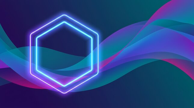 Abstract neon hexagon shape with colorful flowing wave background.