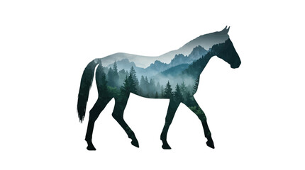 Fototapeta premium Double Exposure Horse Silhouette with Mountain Forest Landscape
