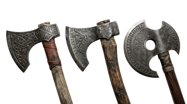 Three ornate viking axes with intricate norse carvings and runic inscriptions isolated on transparent background