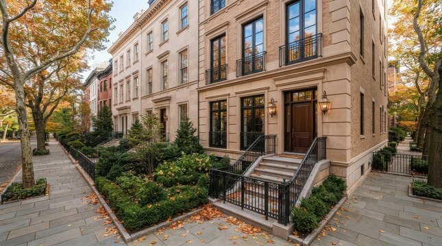 Row house sidewalk with brownstone facades and front gardens