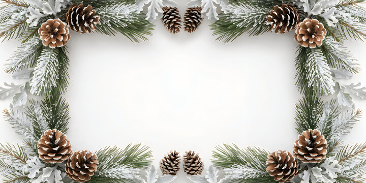 Christmas frame made of pine branches and pine cones for seasonal decoration