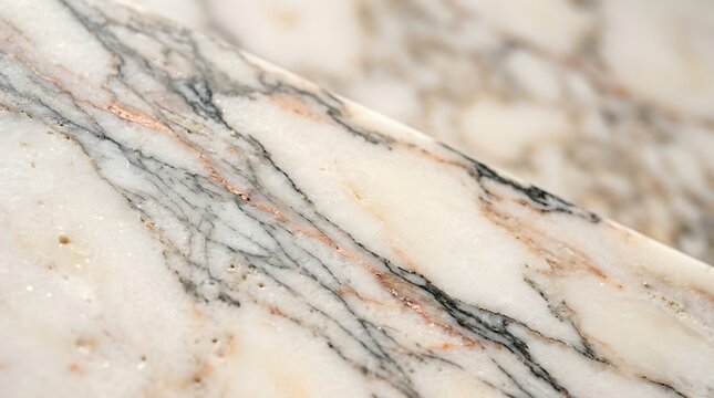 Close up of white marble stone texture with grey and orange veins.