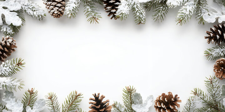 Christmas festive frame made with pine cones and green fir tree branches