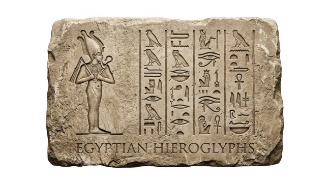 Ancient egyptian stone tablet with hieroglyphs and a pharaoh figure isolated on transparent background