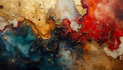 Naklejka premium Abstract Fluid Art Background with Vibrant Teal Red and Gold Textures for Luxury Interior Design and Modern Artistic Projects