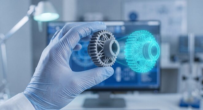 Engineer in blue gloves holding a 3d printed mechanical part with a digital wireframe overlay with holographic wireframe model printed gear component component next glowing