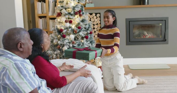 African American family Christmas at home youth giving gift at tree hugging senior, copy space