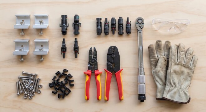 A collection of essential hand tools arranged neatly on a wooden surface, ideal for various DIY and mechanical tasks.
