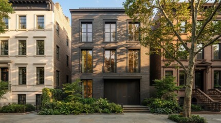 Fototapeta premium Gray brick townhouse with garage door and front garden