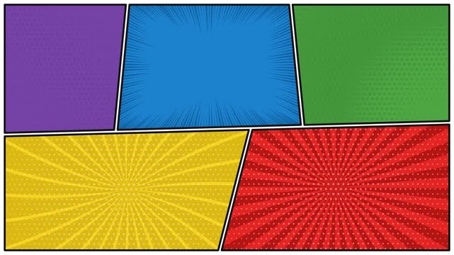 Comic book page template with colorful blank panels and retro pop art halftone textures