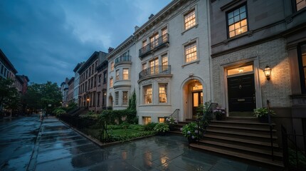 Fototapeta premium Row of townhouses with lit windows after rain