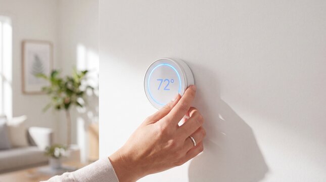A hand adjusts a modern circular digital thermostat mounted on a plain white wall at home with adjusts temperature settings person adjusts settings round