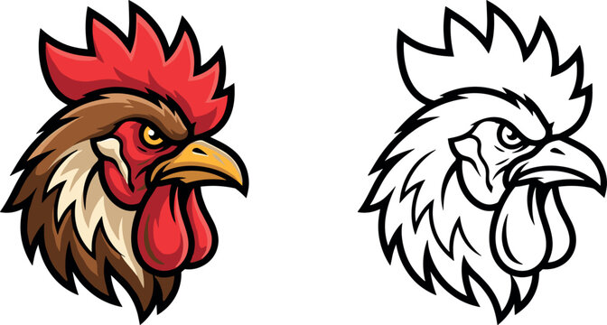 Fierce Rooster Head Mascot Vector Illustration Featuring Aggressive Cockerel Profile in Colored Logo and Black and White Line Art Outline Set