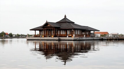 Fototapeta premium Modern Wooden House on Water Surrounded by Calm Reflection