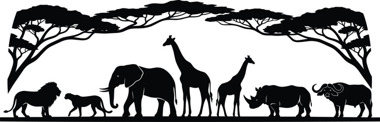 Naklejka premium African safari wildlife silhouette border, majestic savanna animals, panoramic nature landscape, black vector illustration collection design