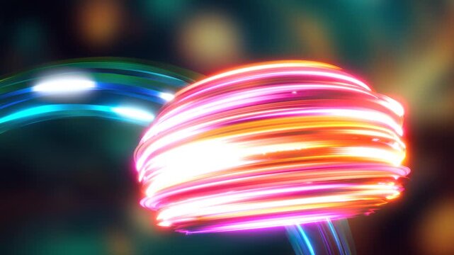 3D Render A dynamic, abstract scene of swirling light trails with a pulsating central shape composed of colorful bands that transition from warm to cool tones