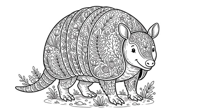 Armadillo line art illustration with intricate botanical patterns for coloring book page