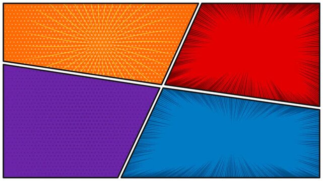 Vibrant pop art comic book layout with halftone patterns and dynamic zoom lines in orange, red, purple, and blue panels for background
