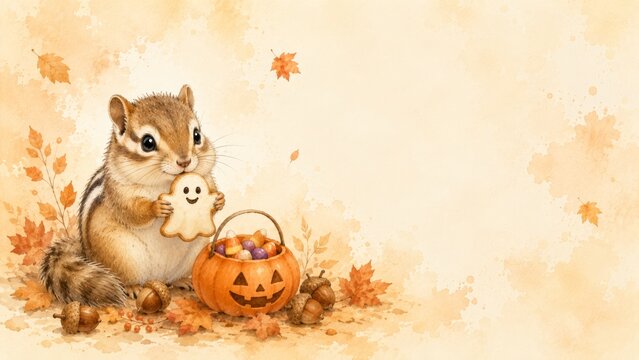 Watercolor halloween chipmunk with ghost cookie, jack o lantern candy basket, autumn leaves in background. cute animal illustration, spooky holiday design, trick or treat scene copy space