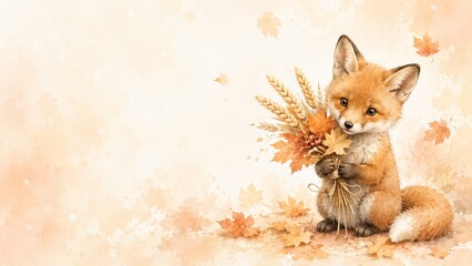 Naklejka premium Watercolor autumn fall thanksgiving harvest with fox holding wheat and leaves on pastel background. seasonal celebration, cute animal illustration, nature decor, fall design copy space