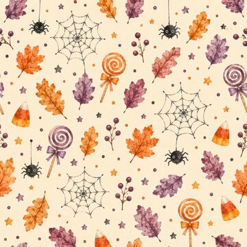 Watercolor halloween seamless pattern with candy corn, purple and orange leaves, spider webs, lollipop. autumn festive abstract background, spooky decor, holiday wrapping paper design