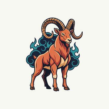 Stylized Illustration of a Majestic Mountain Goat with Horns.