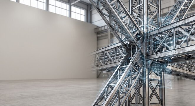 Steel truss framing structure overlaid with digital twin blueprint in modern industrial hangar, smart engineering background