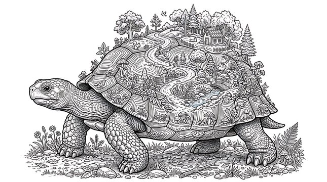 Hand drawn illustration of a giant tortoise carrying a miniature forest on its shell