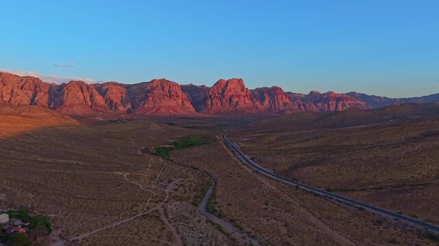 Sunrise aerial view over Red Rock Canyon mountains