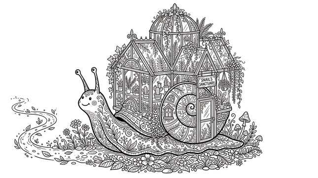 Snail carrying a greenhouse on its shell, whimsical line art illustration of nature home.