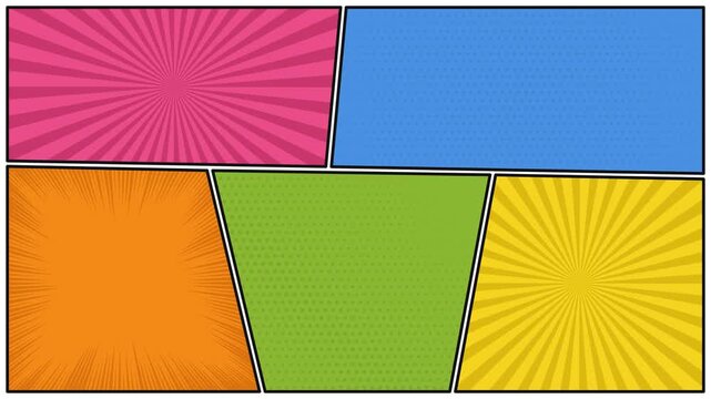 Colorful Comic Book Page Layout with Blank Panel Frames and Pop Art Sunburst Backgrounds