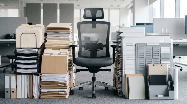 Empty office chair surrounded by overflowing files and paperwork. Workplace stress, mental health, burnout, disorganization, and overwhelming administrative workload concept
