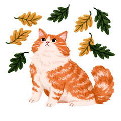Fototapeta premium Oil pastel hand-drawn style illustration of a fluffy orange cat and autumn leaves, fall